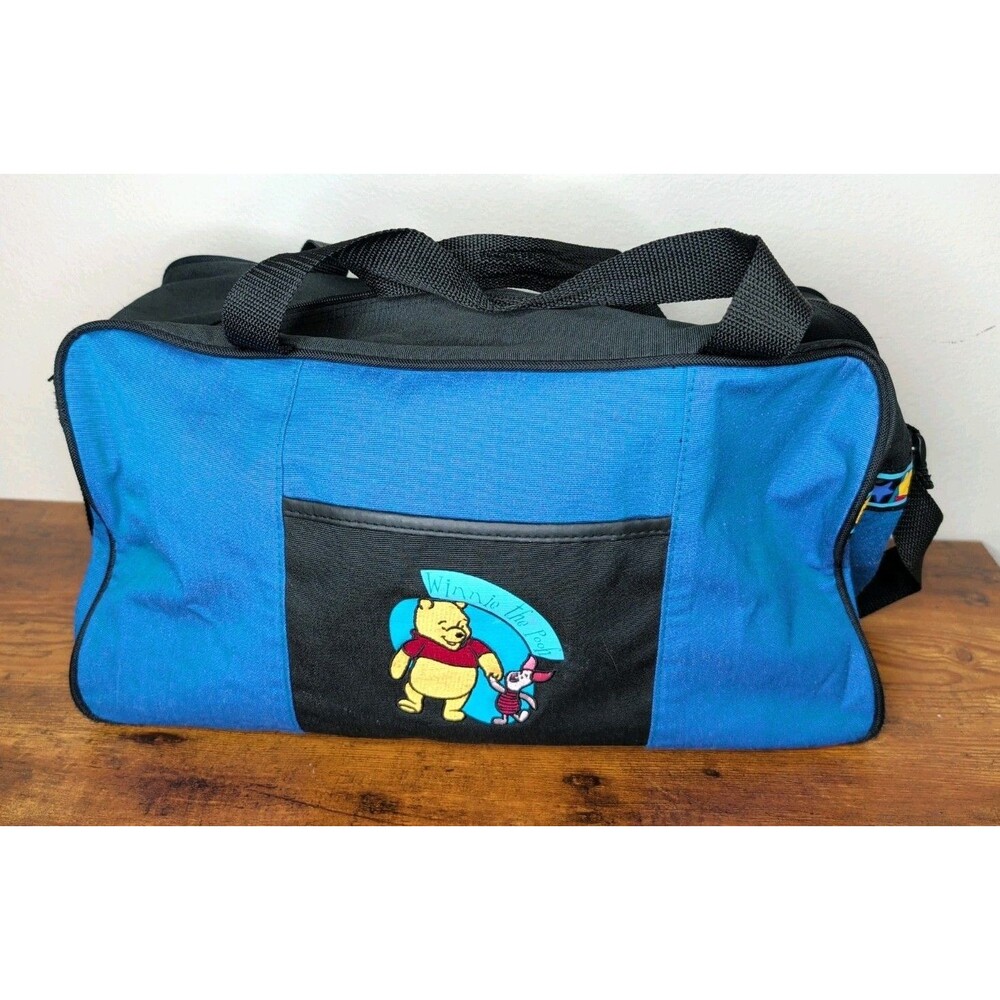 Vintage Disney Winnie The Pooh & Piglet Blue & Black Duffel Bag Y2K